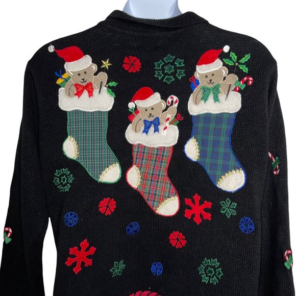 Design Studios Original Vintage Colorful Cute Bears Stockings Cardigan Sweater L - Picture 7 of 9